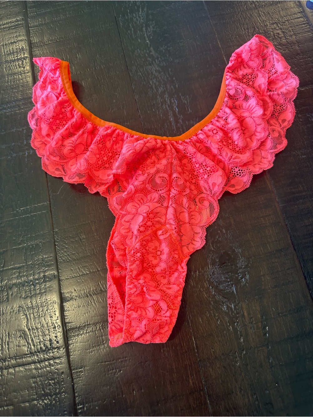 We Are HahWomen's Lace Ruffle Thong Panty - Pink Coral Size XL